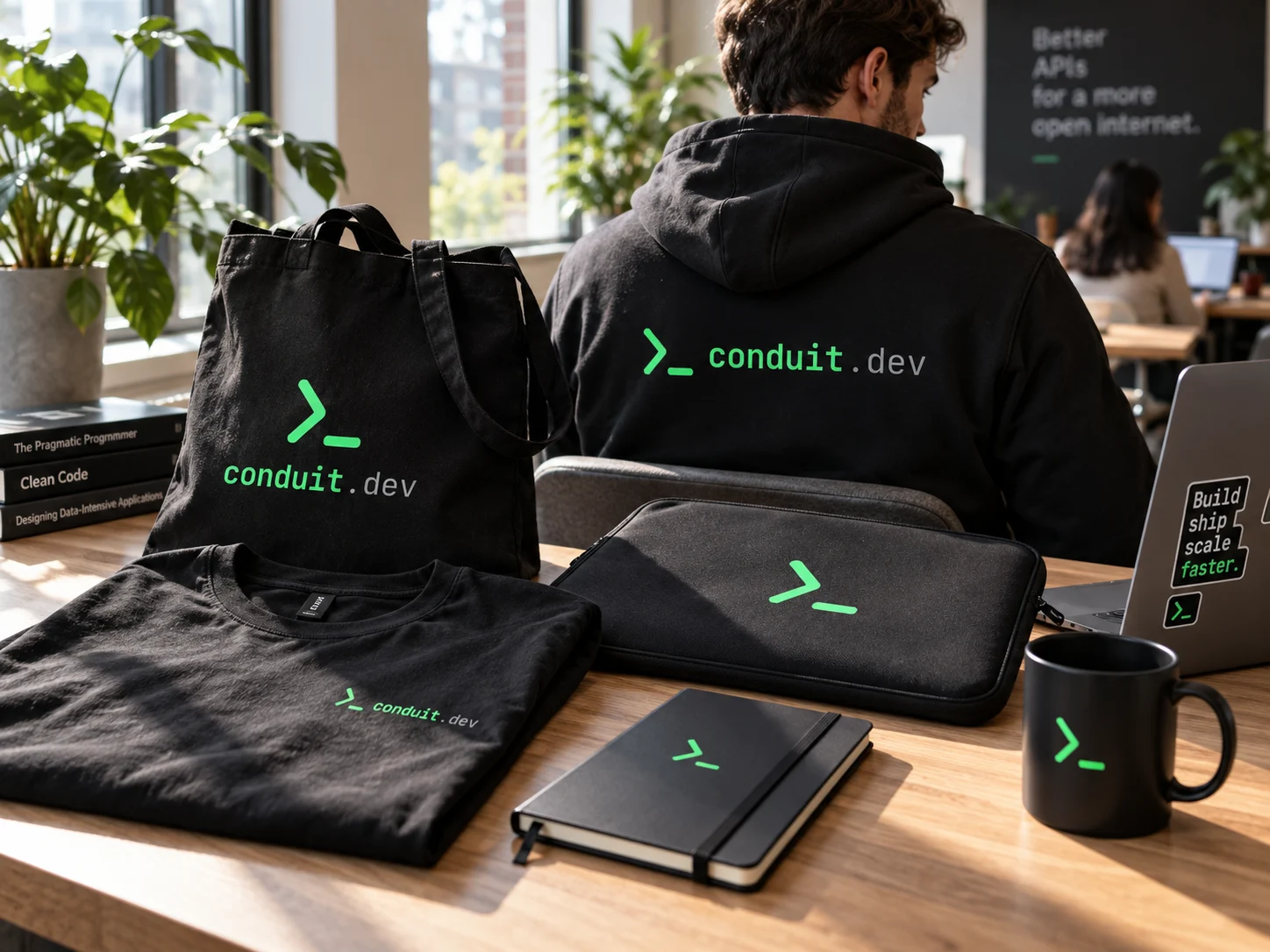 A developer in a Conduit hoodie, with a Conduit tote, tee and mug on the desk