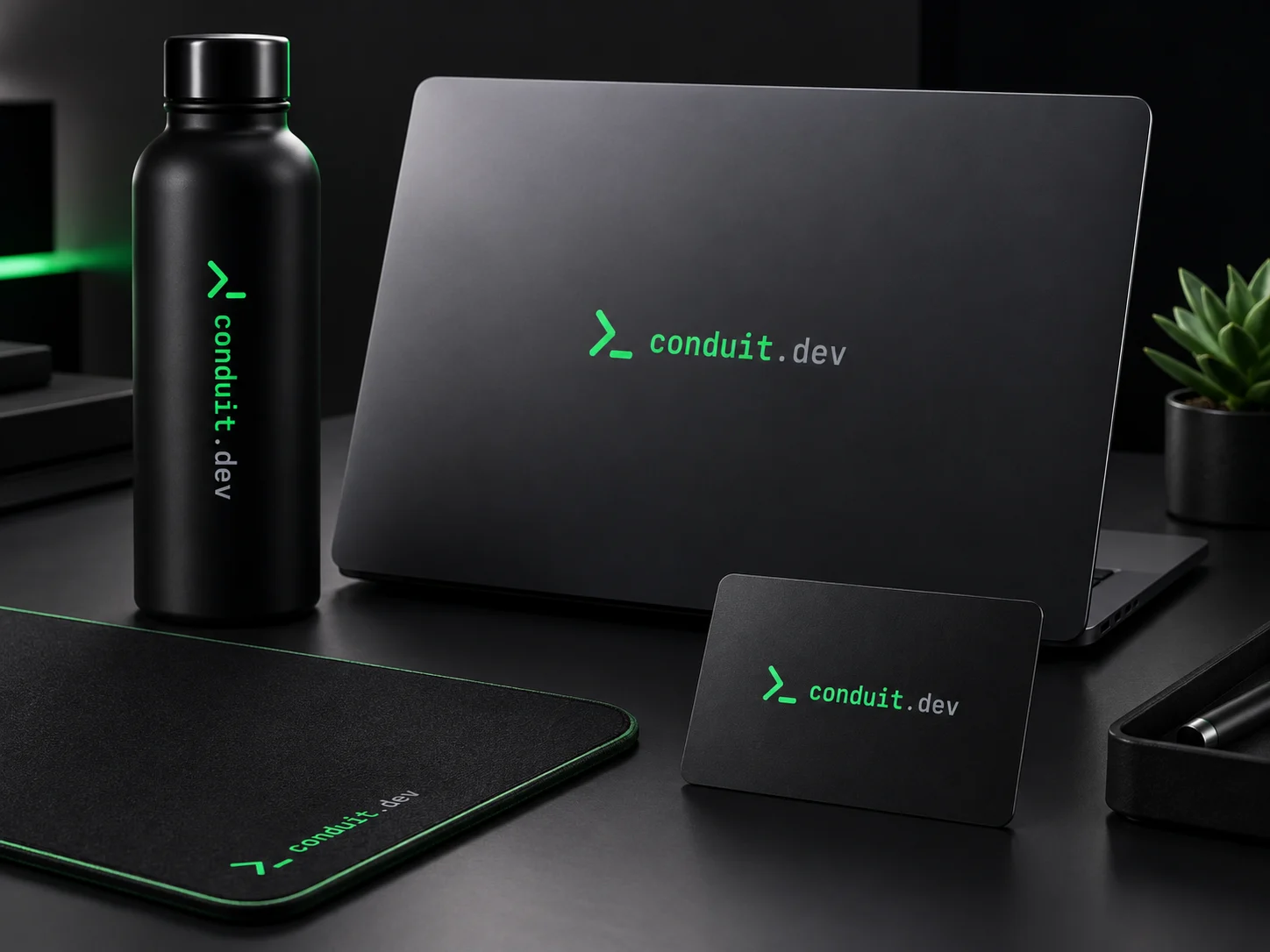 A Conduit bottle, desk mat and card