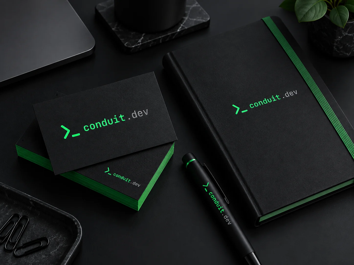 Conduit business cards, notebook and pen