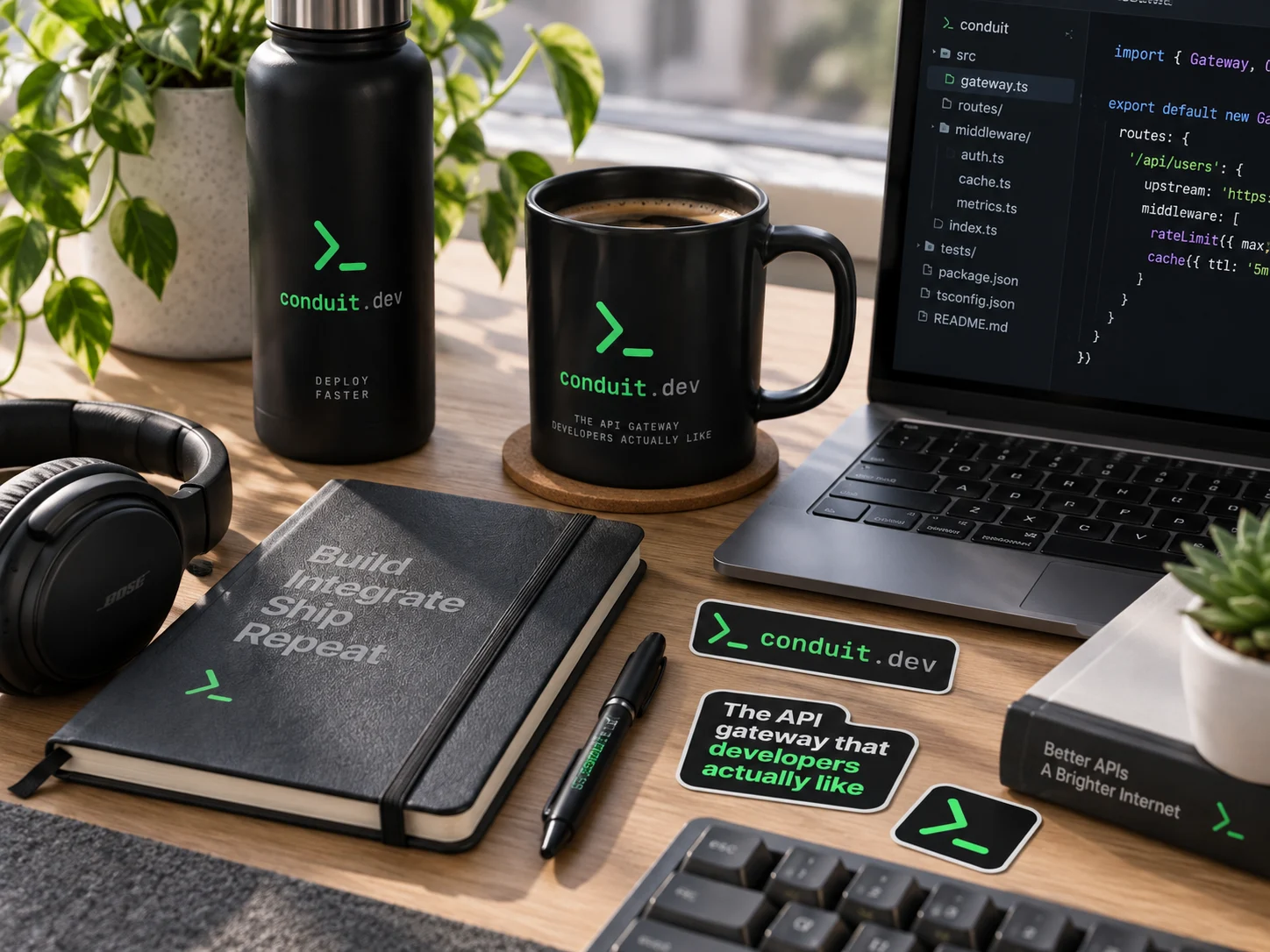 A desk with a Conduit bottle, mug, notebook and stickers