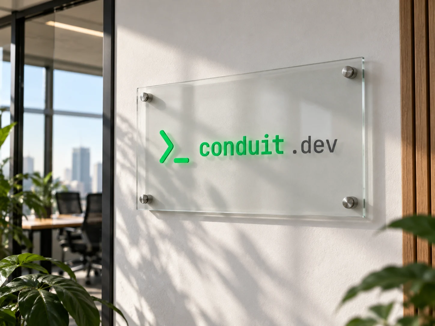 A glass Conduit plaque on an office wall