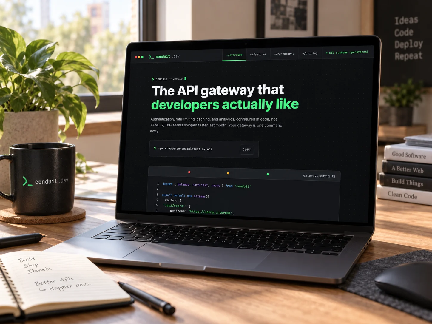 Conduit's homepage on a laptop on a wooden desk, with a Conduit mug and a notebook beside it
