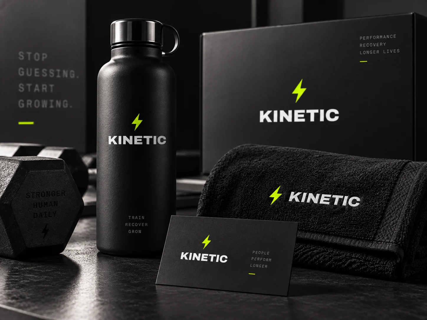 A Kinetic bottle, box, towel and card