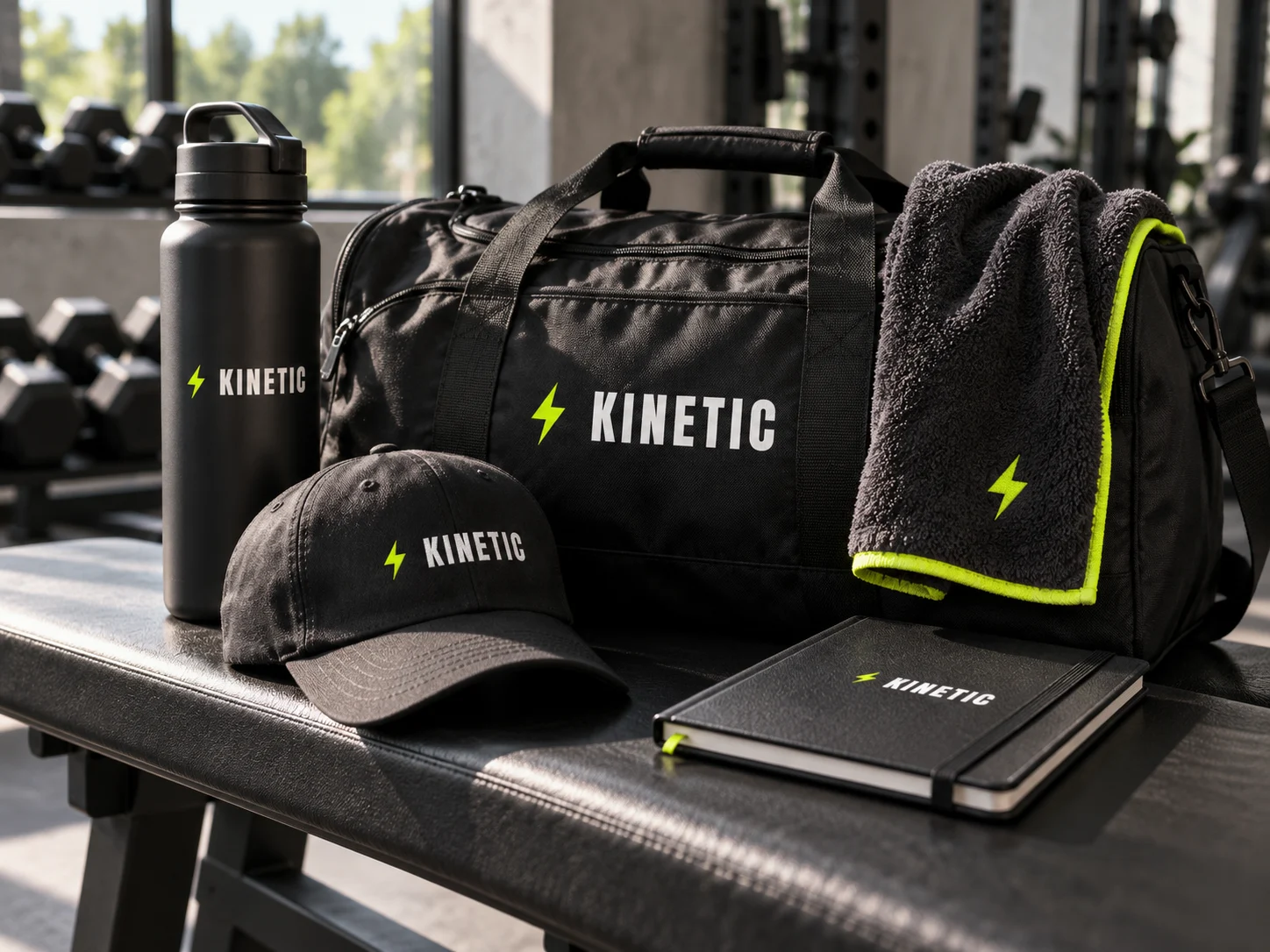 A Kinetic gym bag, cap, bottle and notebook on a gym bench