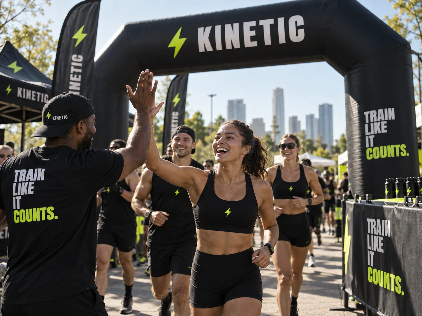 Runners passing under a Kinetic arch at a race