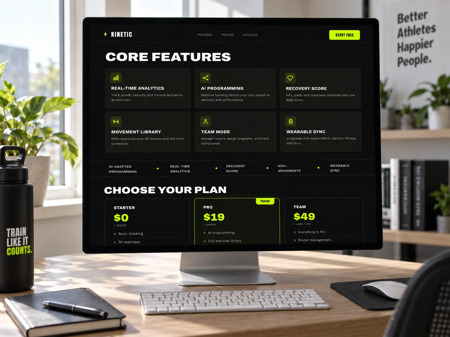 Kinetic's features and pricing sections on a desktop monitor