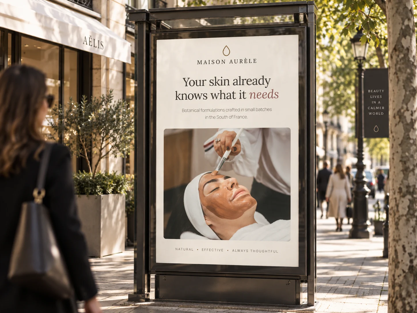 A Maison Aurèle poster in a bus shelter on a city street
