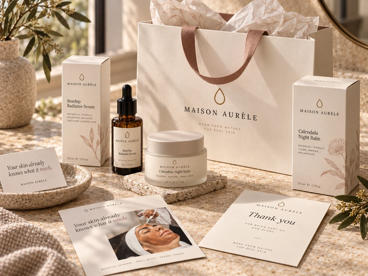 Maison Aurèle boxes, bottles, a shopping bag and a thank-you card