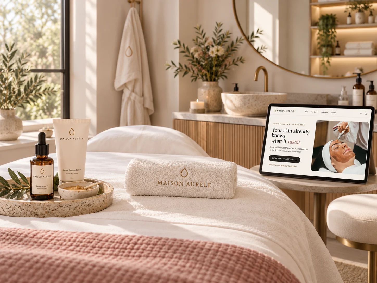 A treatment room with Maison Aurèle products and the site on a tablet