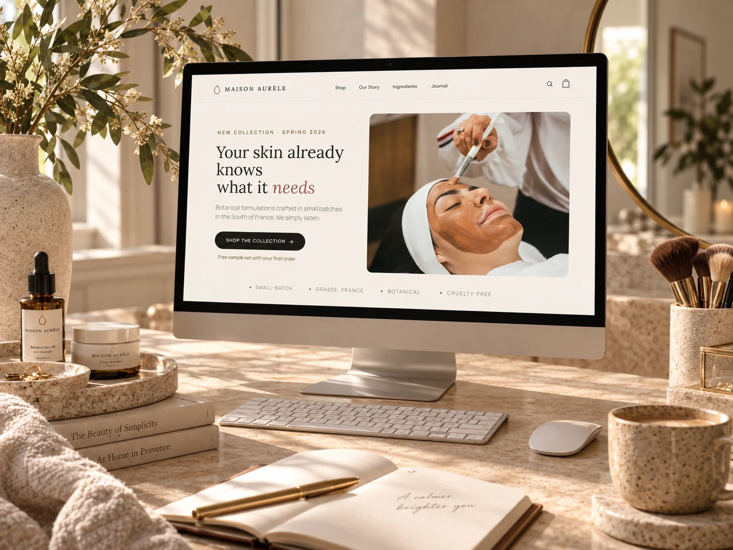 Maison Aurèle's homepage on a desktop monitor on a vanity