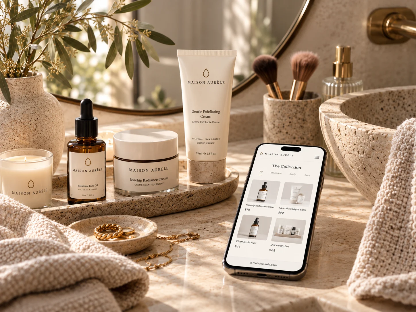 Maison Aurèle's collection page on a phone beside the products