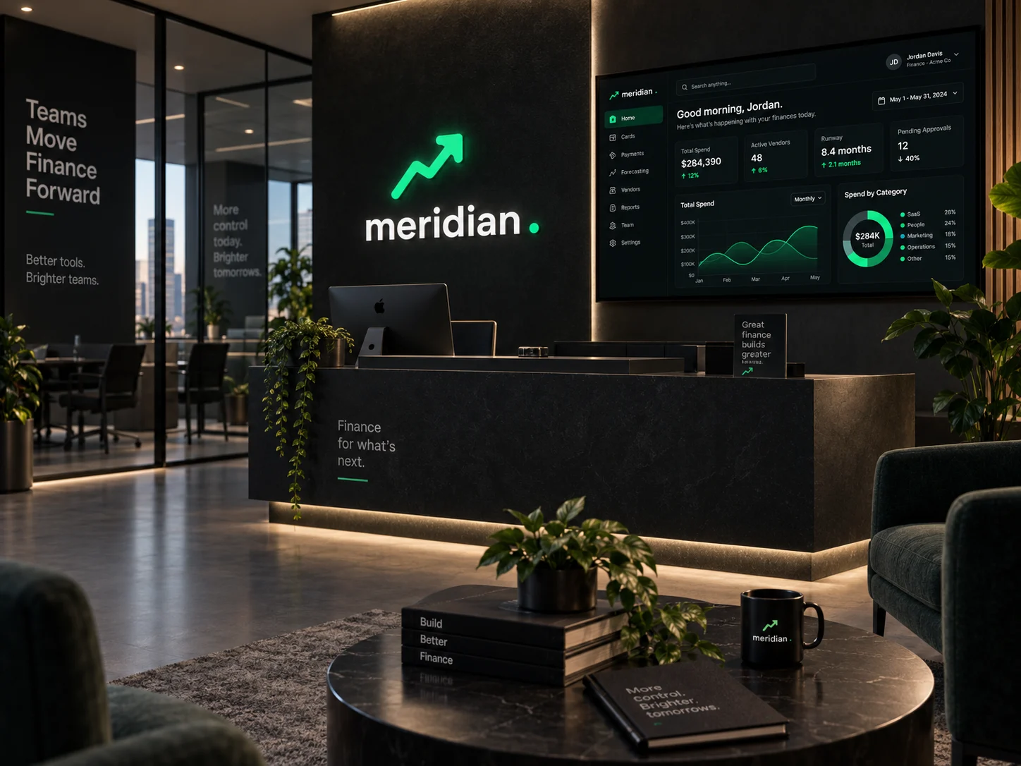 Meridian's logo and dashboard in an office lobby