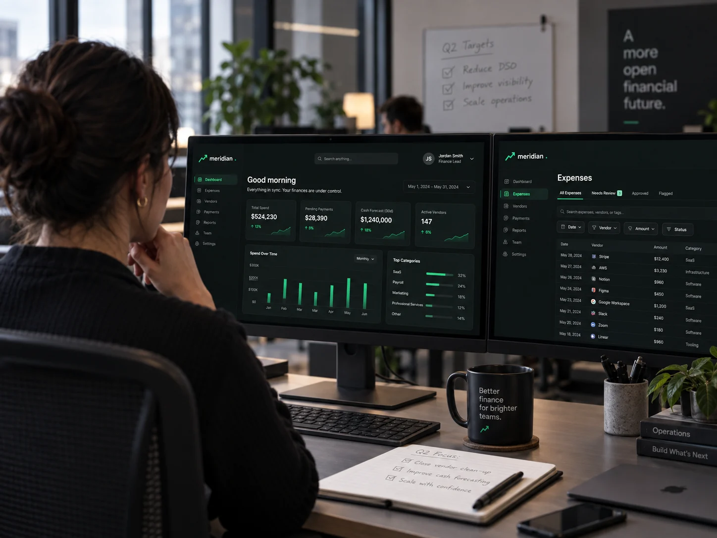 A finance lead working in Meridian on two monitors