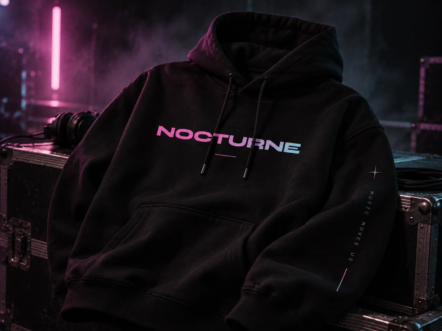 A Nocturne hoodie on a flight case