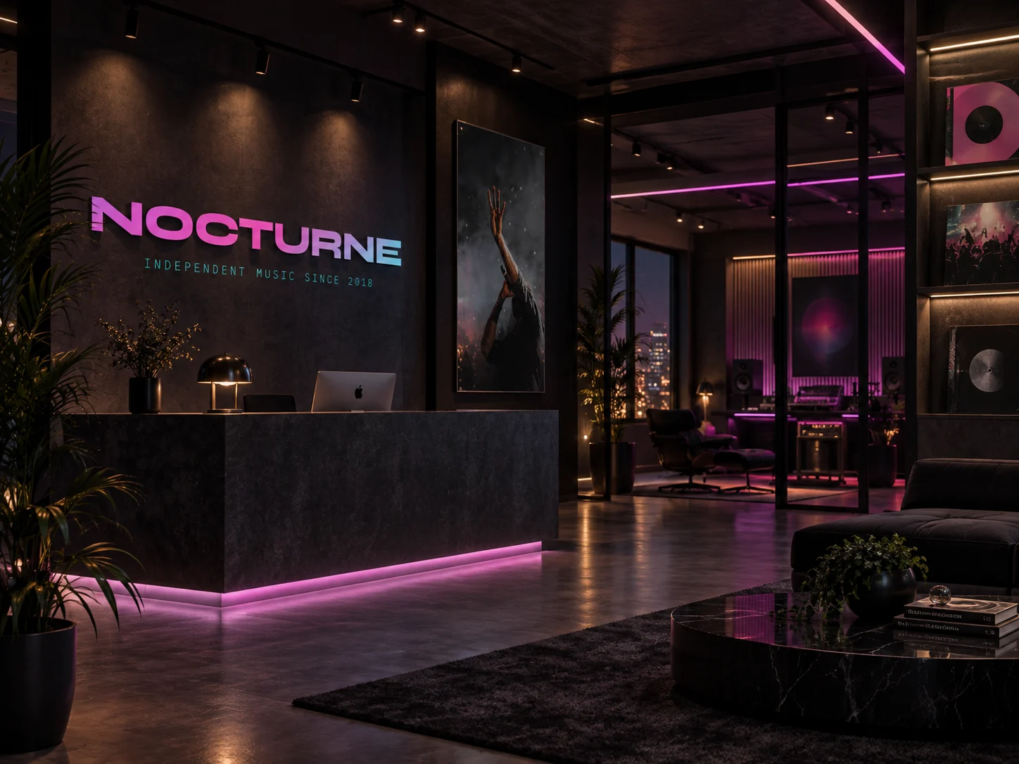 Nocturne's logo in a dark office lobby