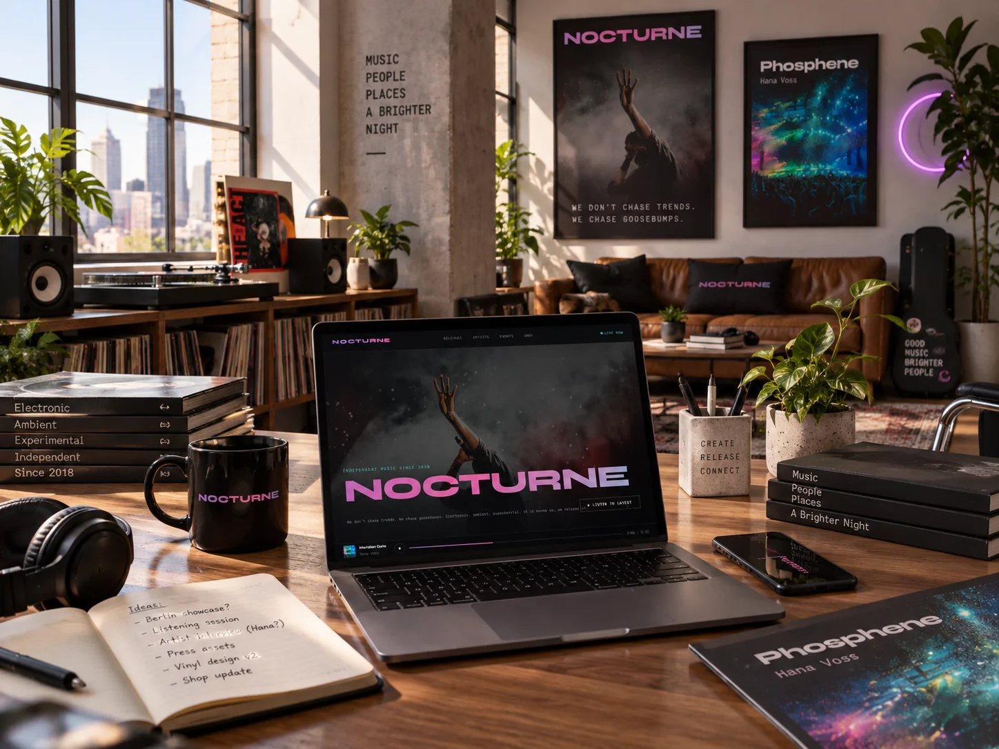A studio with Nocturne posters and the site on a laptop