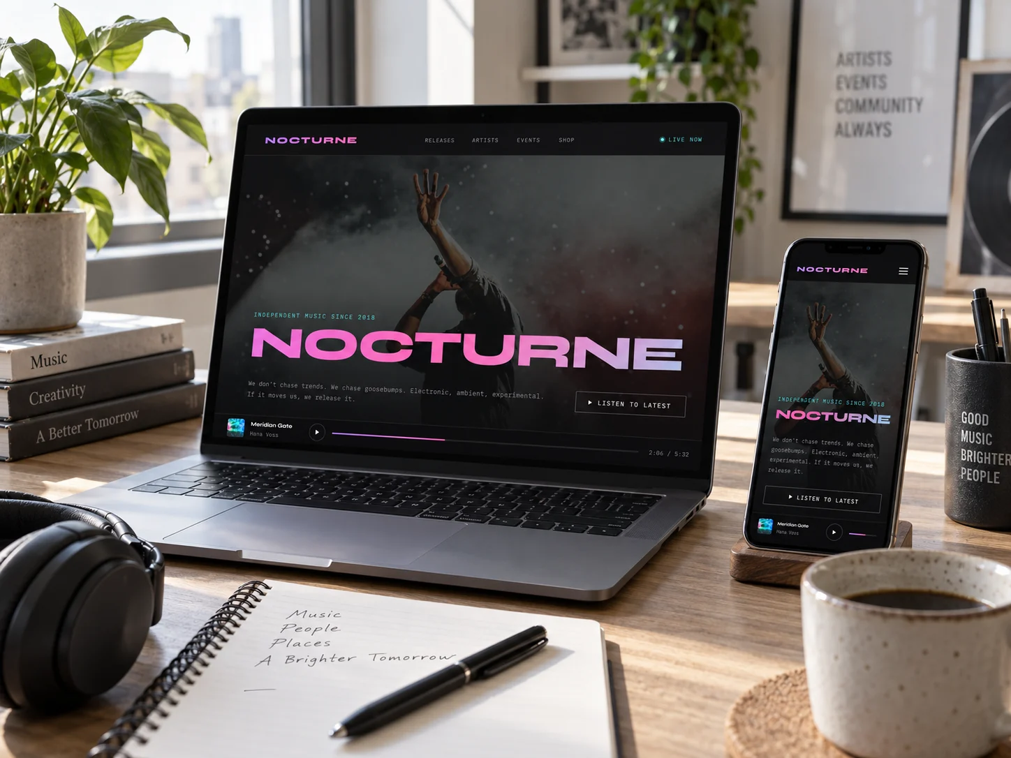 Nocturne's homepage on a laptop and a phone on a sunlit desk