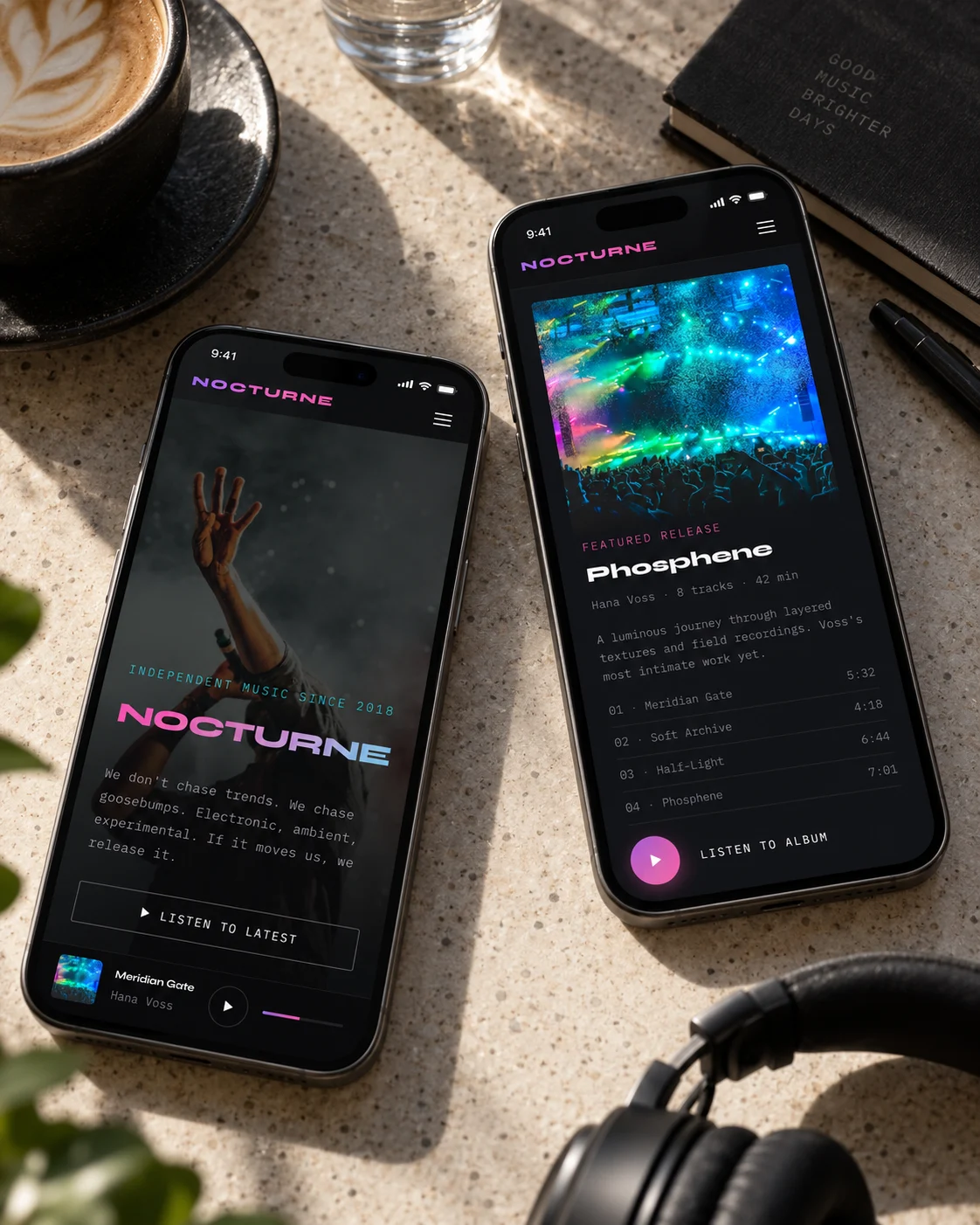 Nocturne's homepage and a release page on two phones