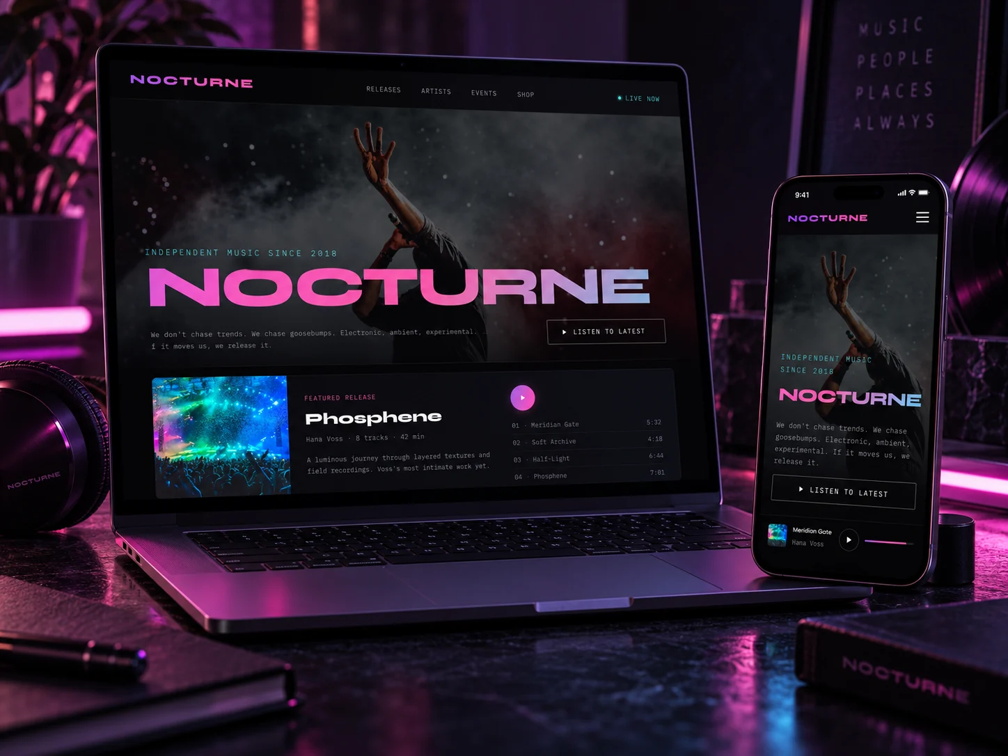 Nocturne's homepage on a laptop and a phone under purple light