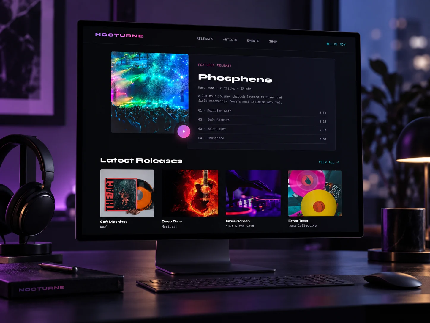Nocturne's featured release and latest releases on a desktop monitor
