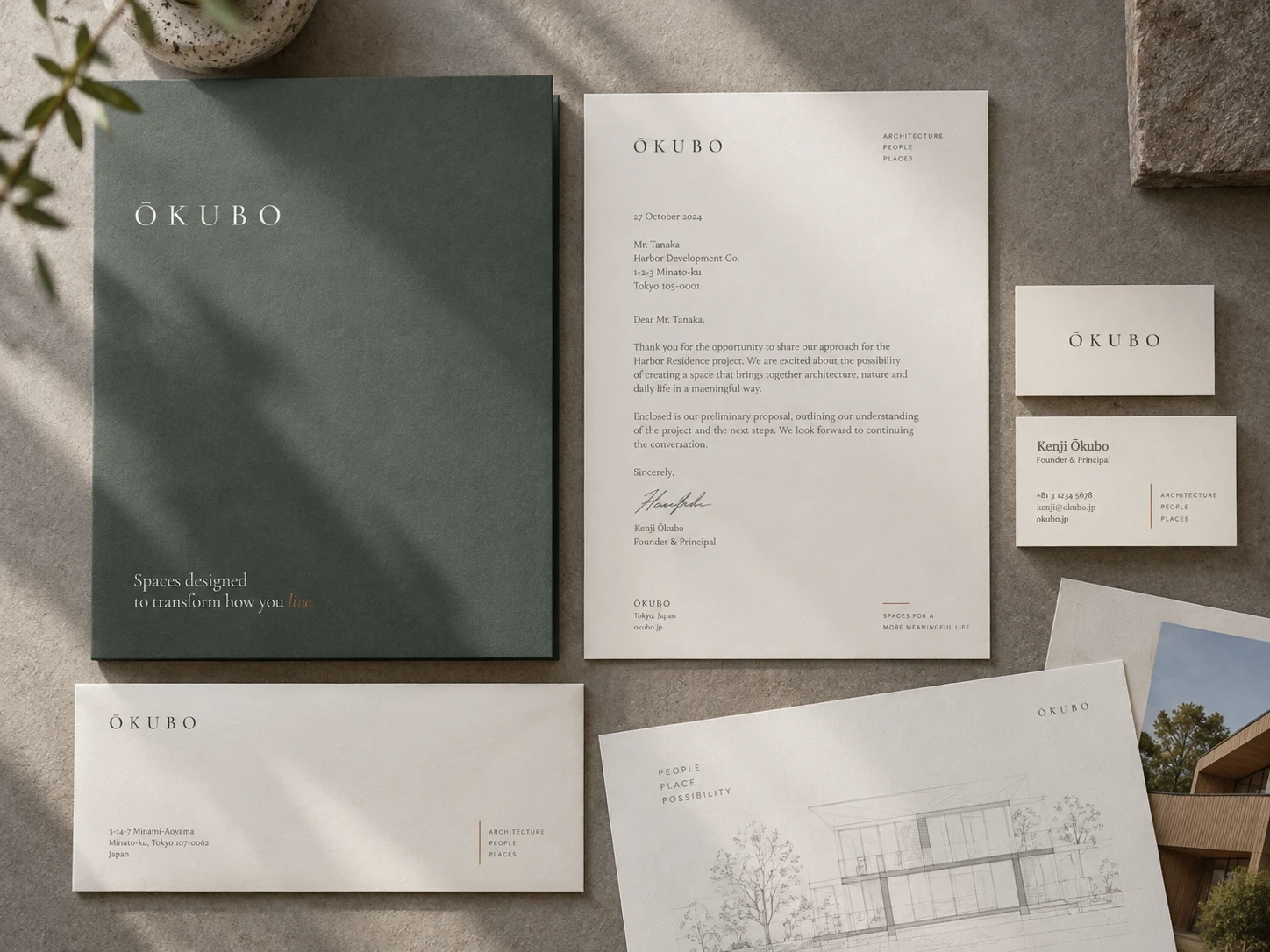 Ōkubo stationery: a green folder, letterhead, envelope and business cards