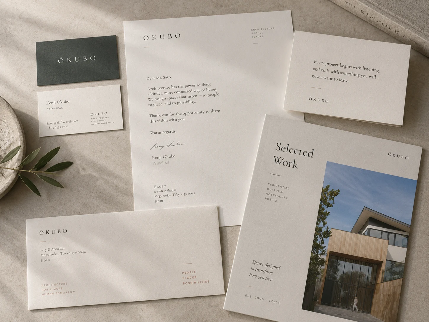 An Ōkubo letter, business cards, envelope and Selected Work brochure