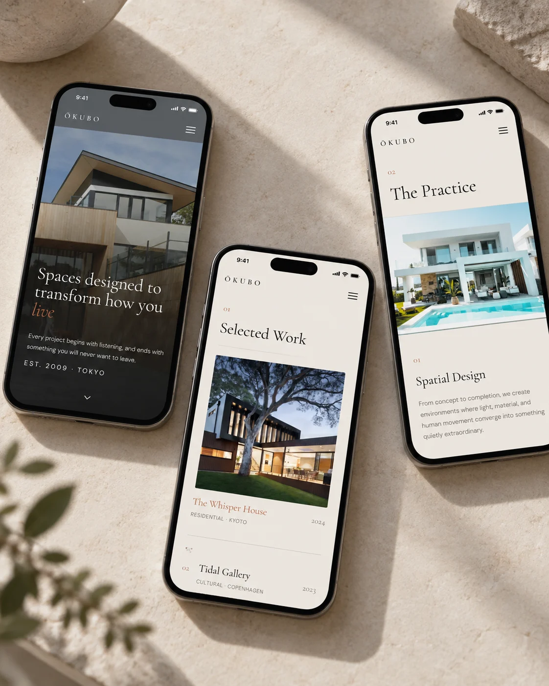 Ōkubo's homepage, selected work and practice pages on three phones