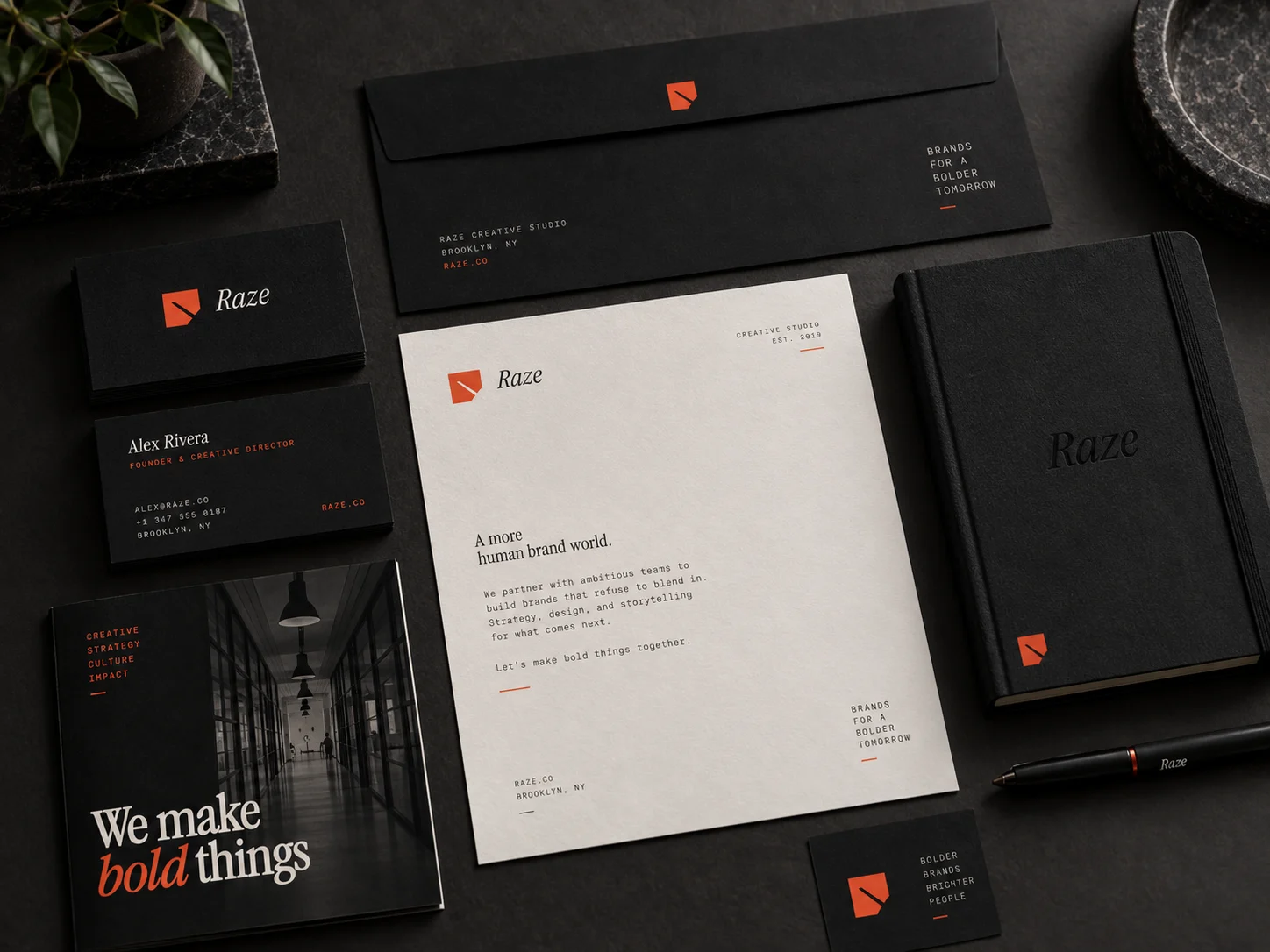 Raze stationery: letterhead, envelope, business cards and notebook