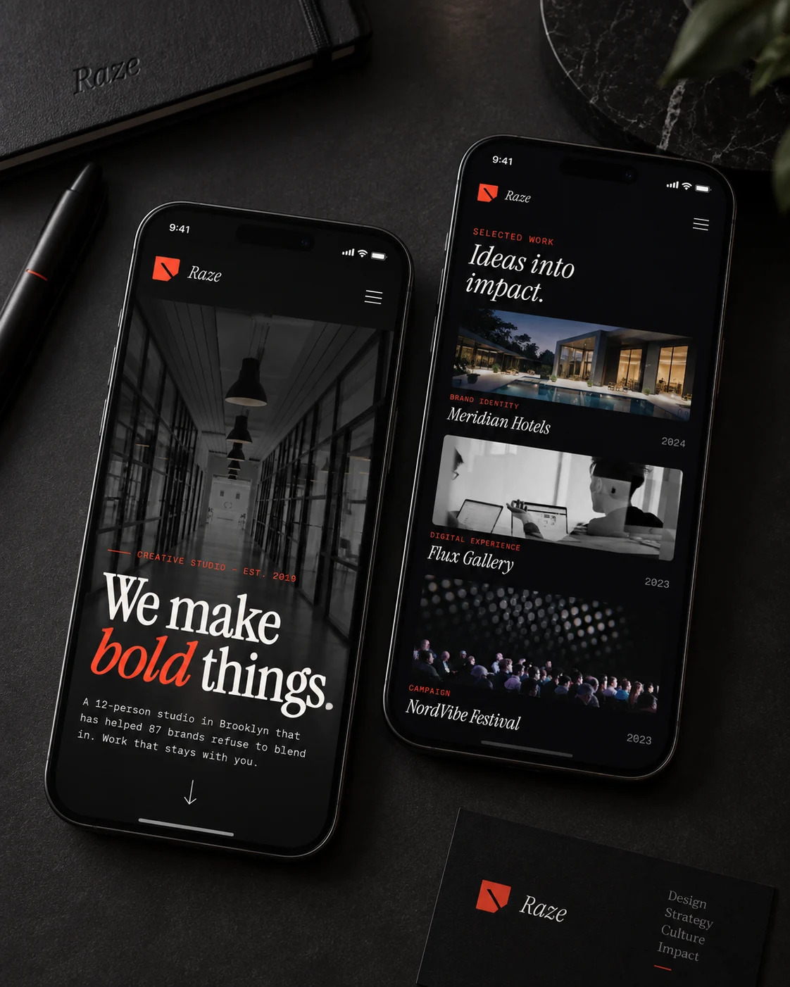Raze's homepage and selected work on two phones