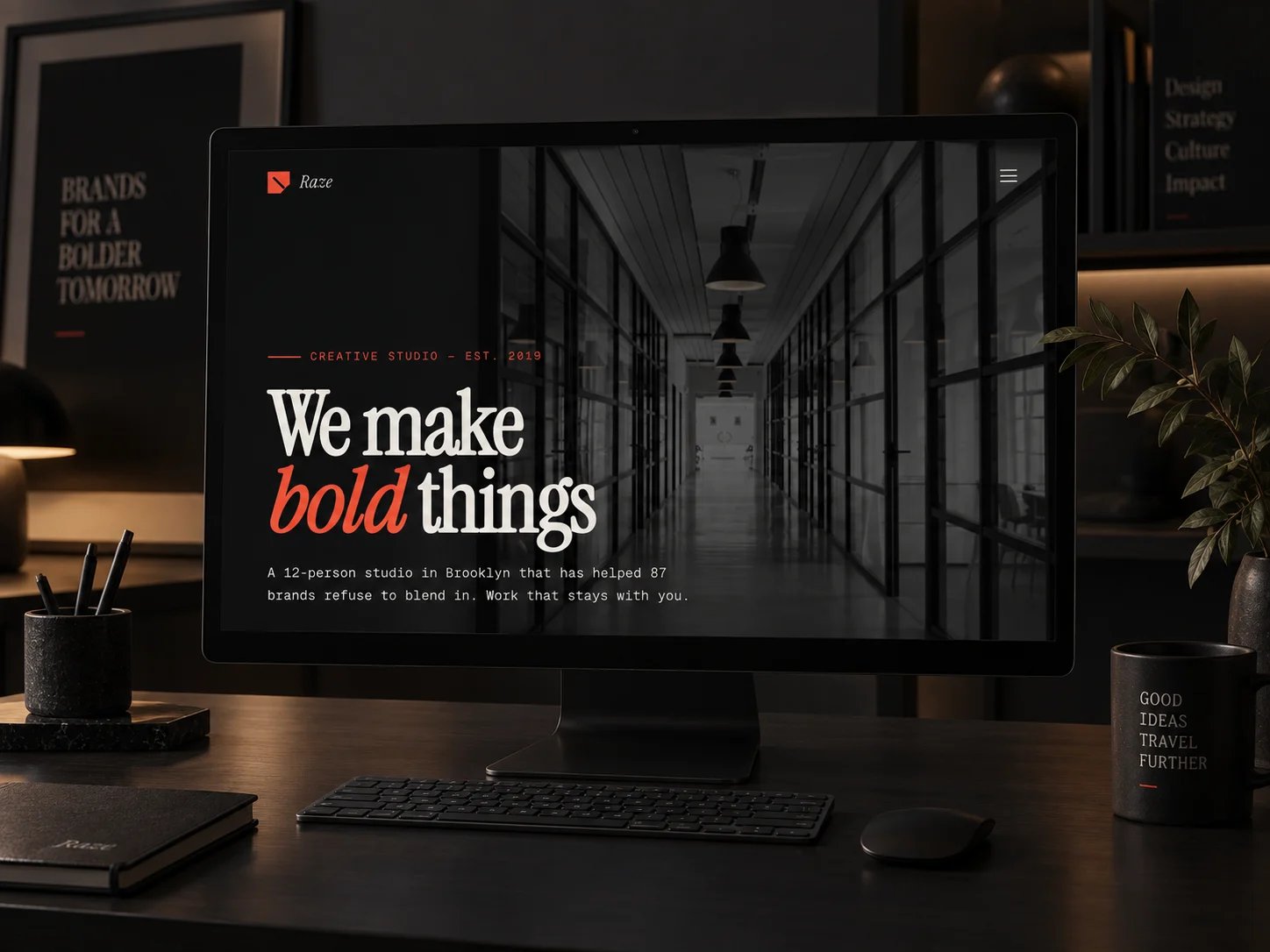 Raze's homepage on a desktop monitor in a dark studio