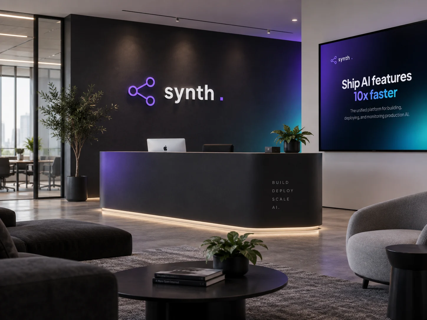 Synth's logo and headline in an office lobby