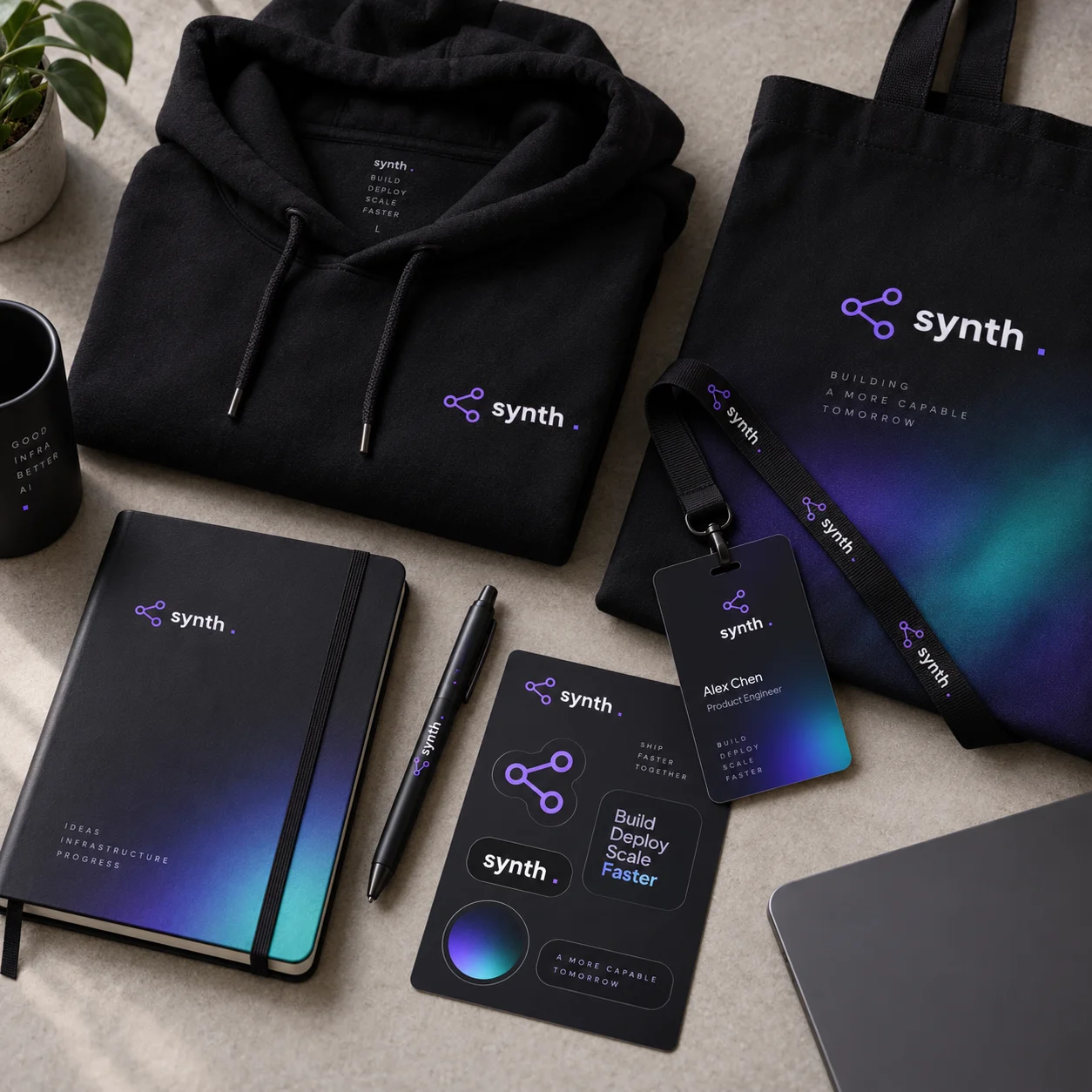 A Synth hoodie, tote, notebook, lanyard and stickers