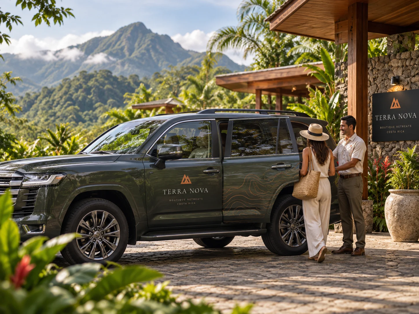Guests arriving beside a Terra Nova vehicle