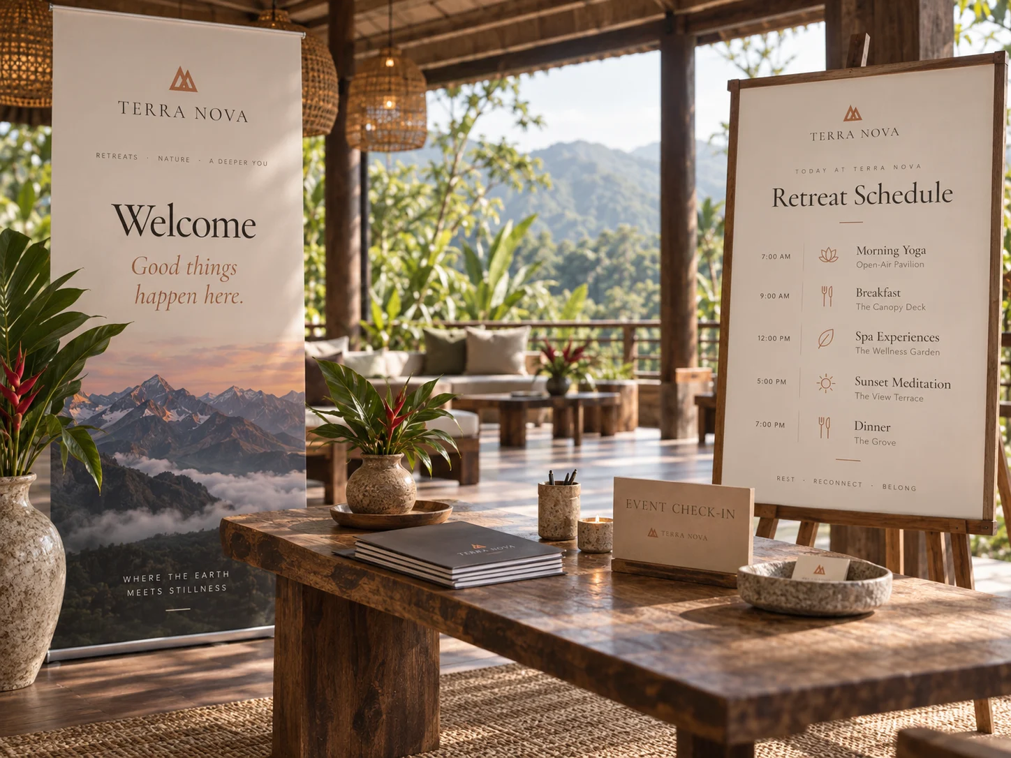 A Terra Nova welcome banner and retreat schedule