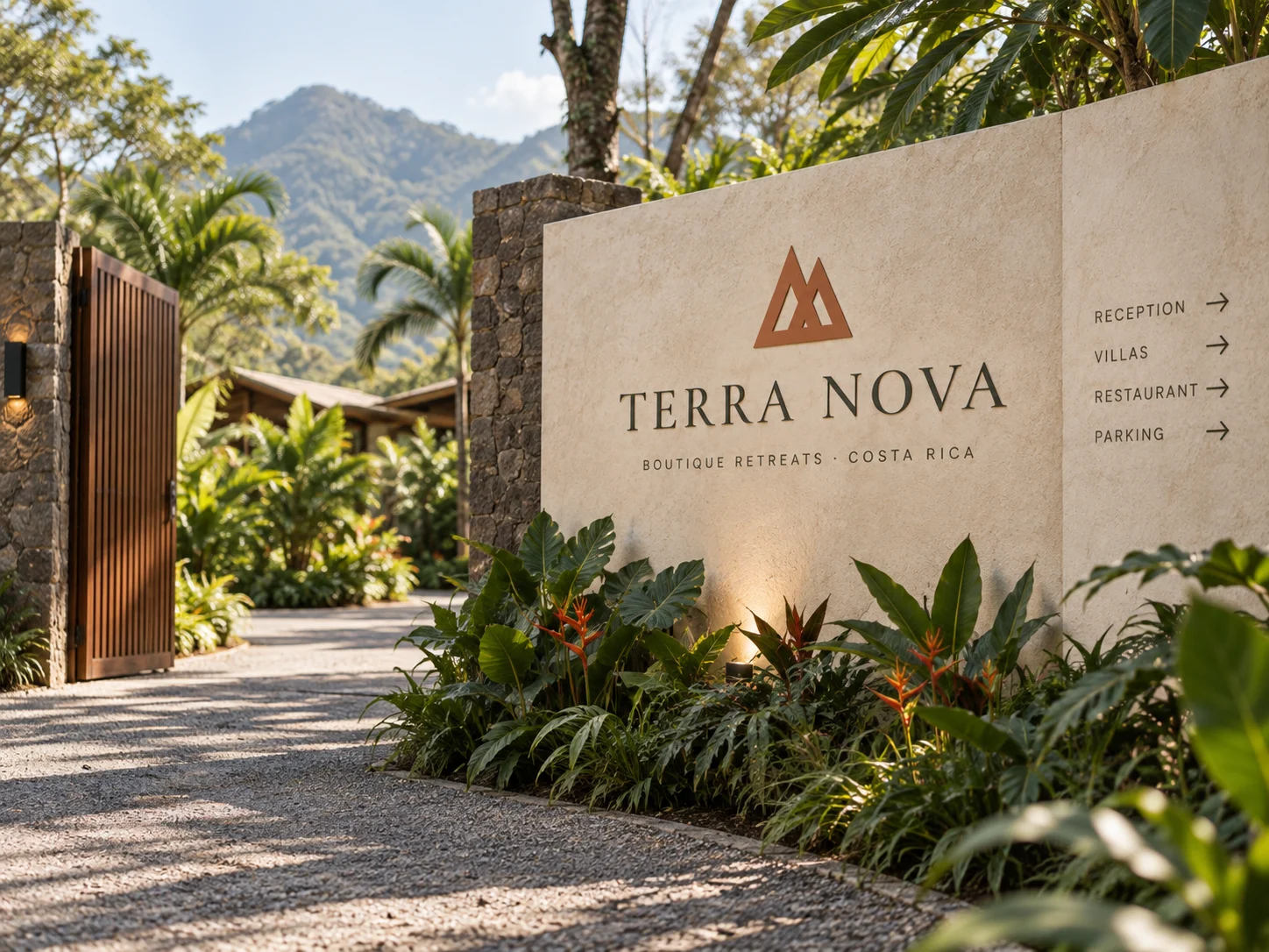 The Terra Nova entrance sign among tropical plants