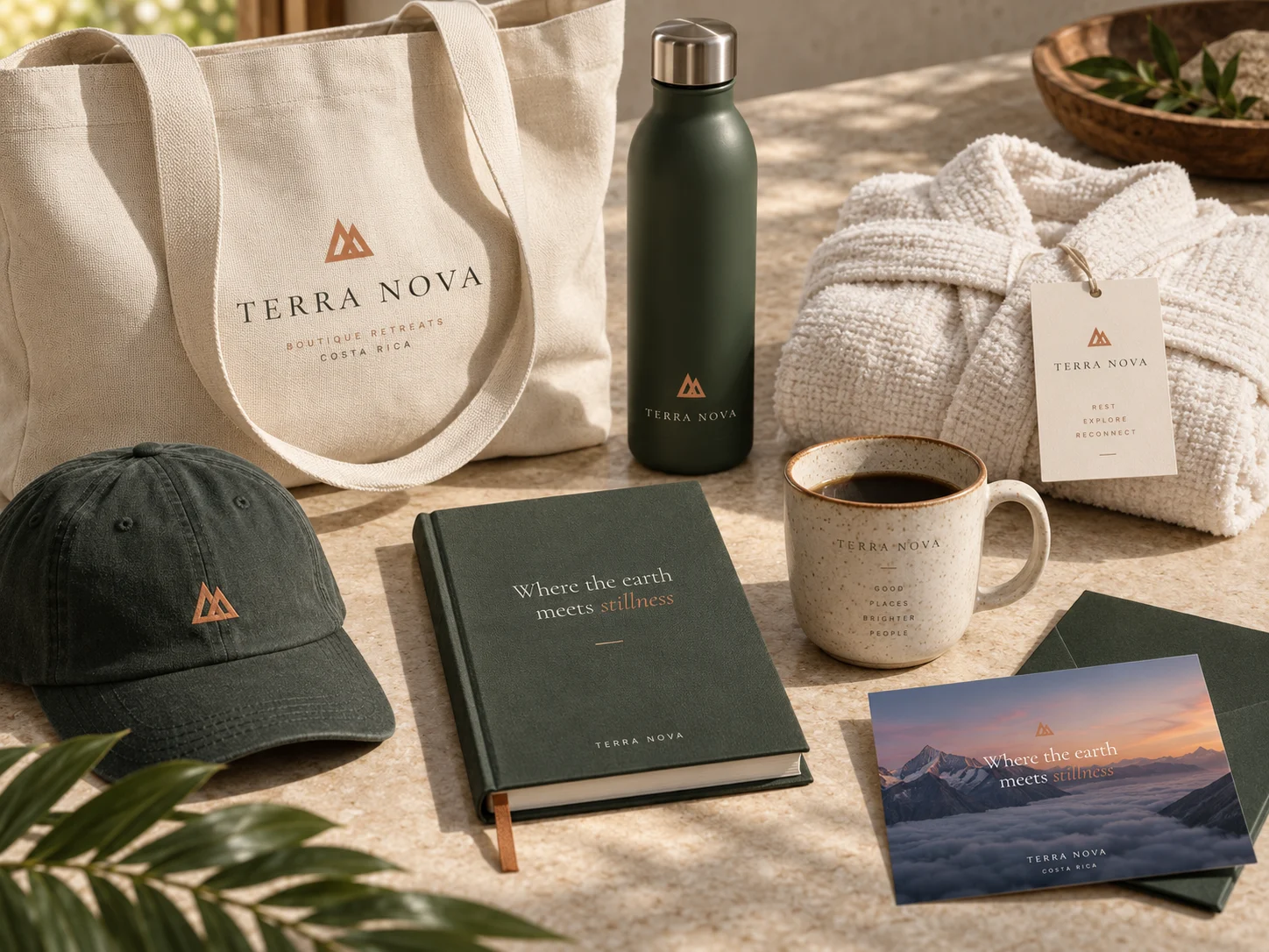 A Terra Nova tote, cap, robe, bottle and notebook
