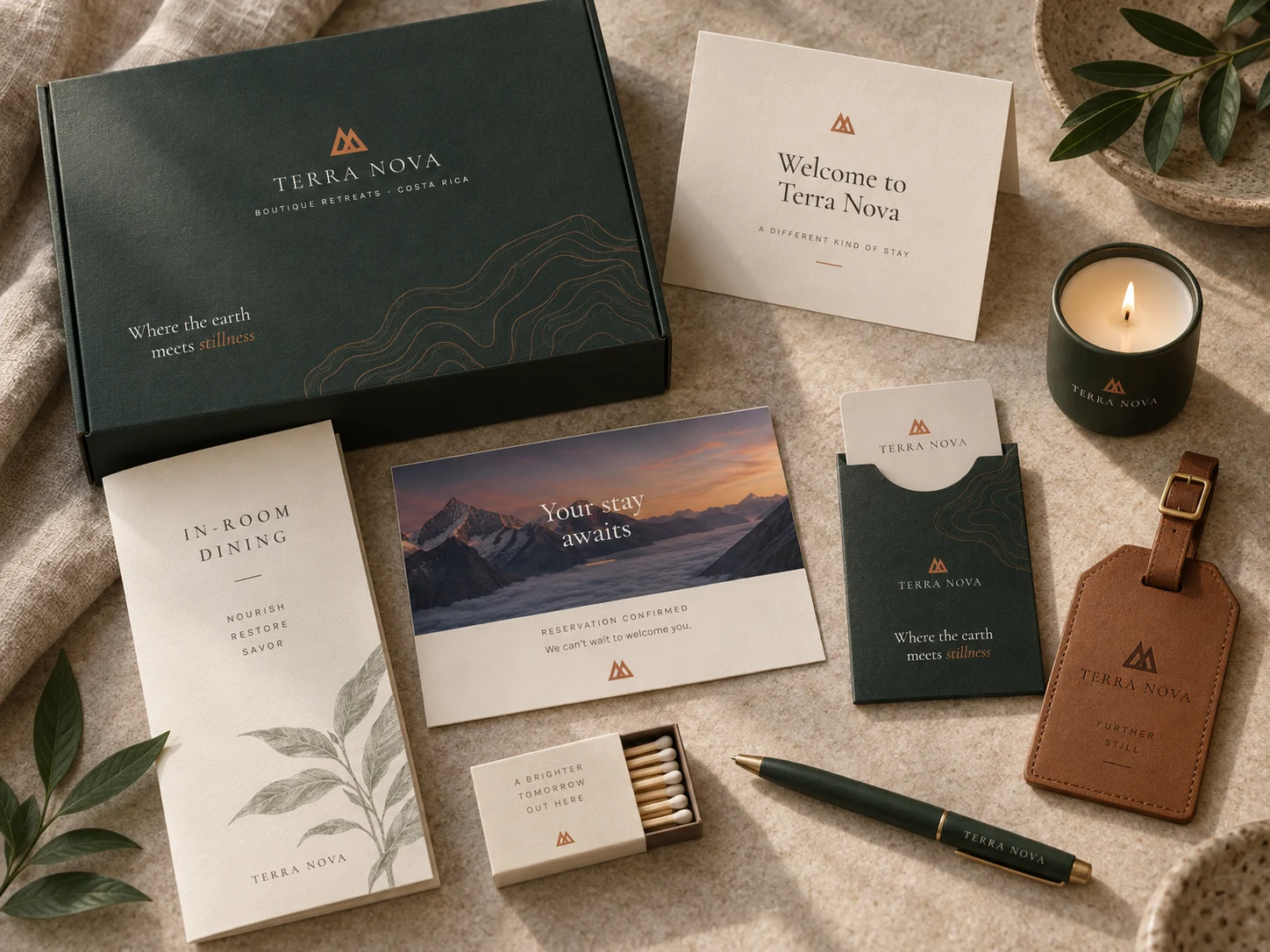 A Terra Nova welcome box, cards, candle and luggage tag
