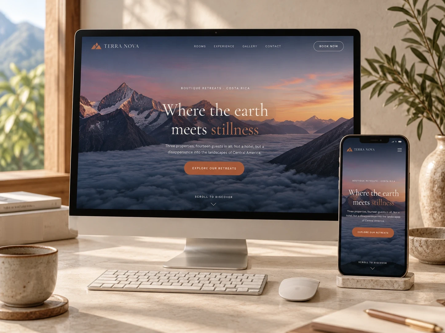 Terra Nova's homepage on a desktop monitor and a phone