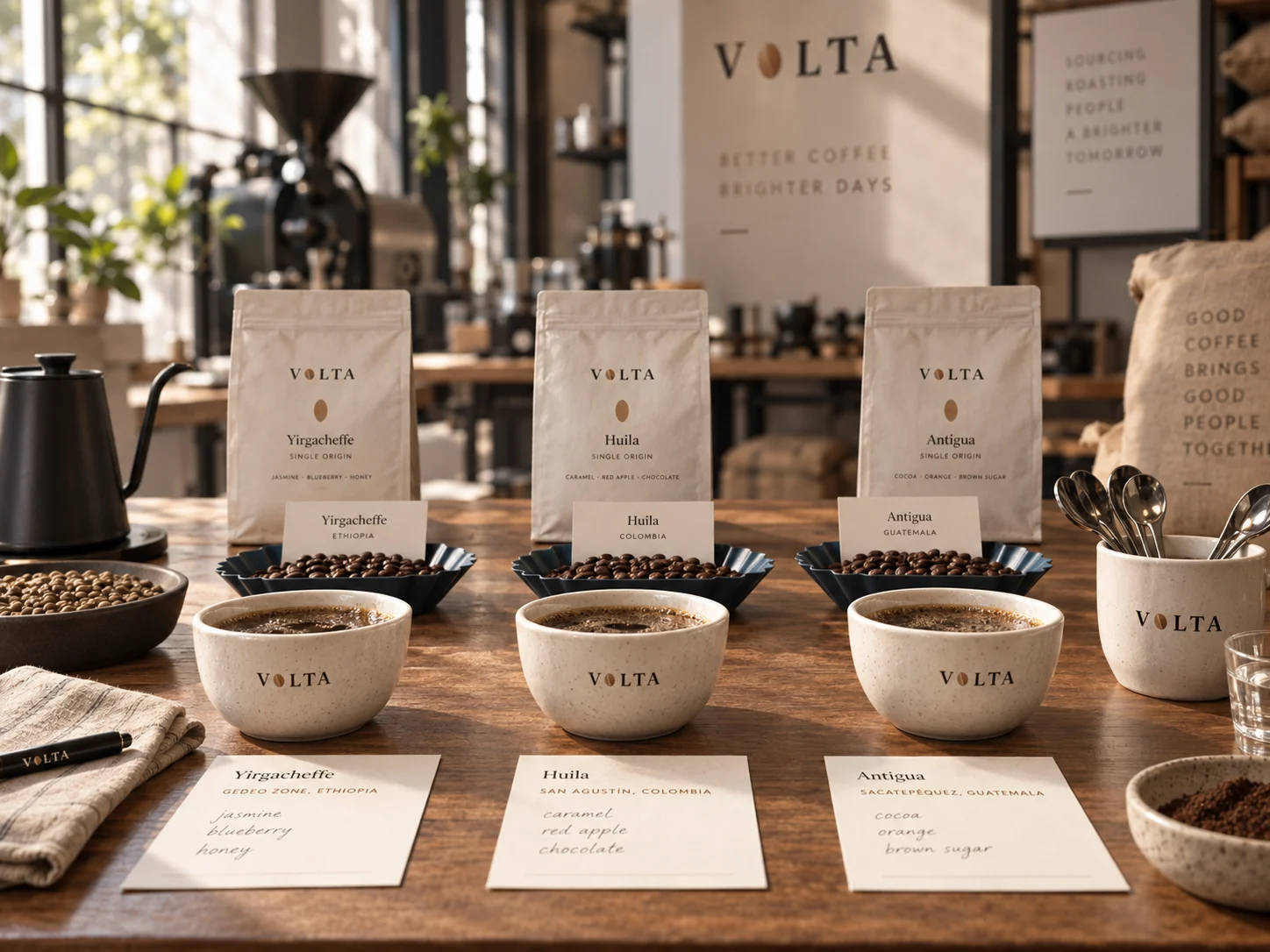 A cupping table set with Volta cups and bags