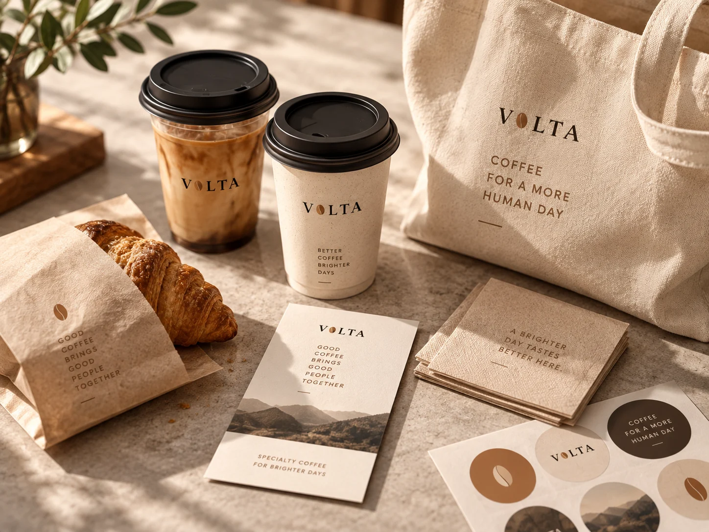 Volta takeaway cups and a tote bag