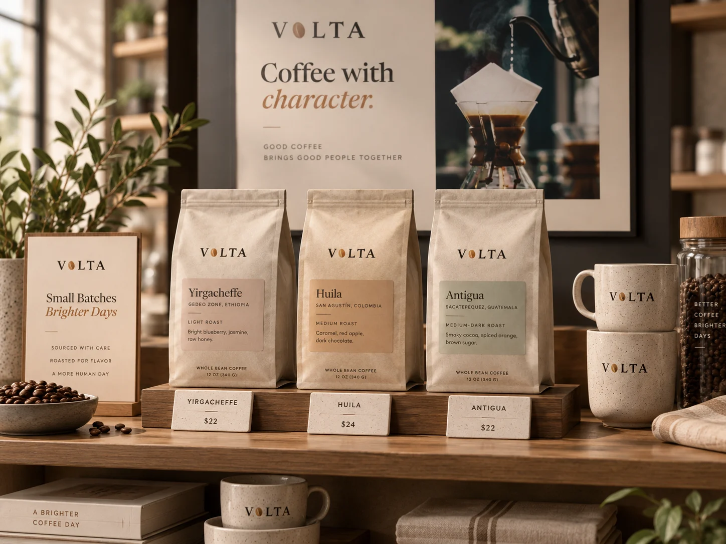 Volta bags on a retail shelf display