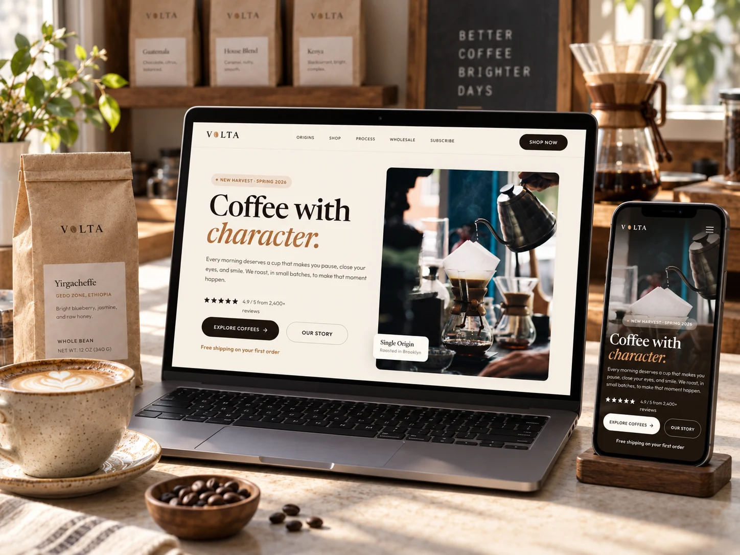 Volta's homepage on a laptop and a phone on a caf&eacute; counter, with Volta bags on the shelf behind