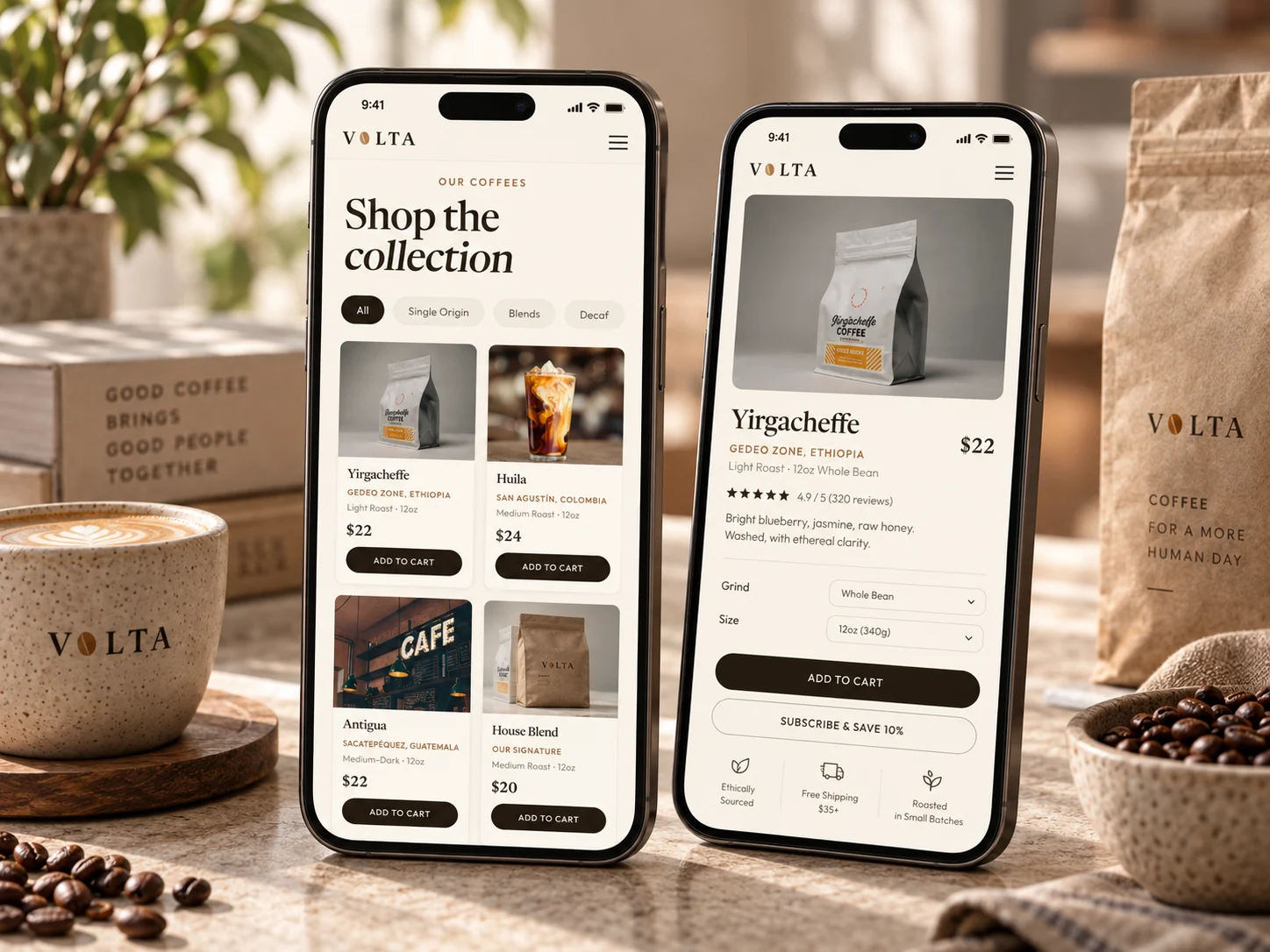 Two phones showing the Volta shop: the coffee range, and a single coffee's page with its origin, altitude and tasting notes