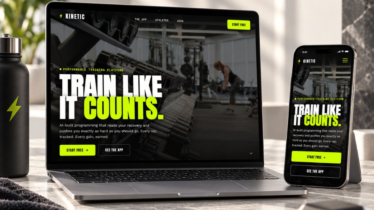 Kinetic's homepage on a laptop and a phone, with a Kinetic towel and a dumbbell