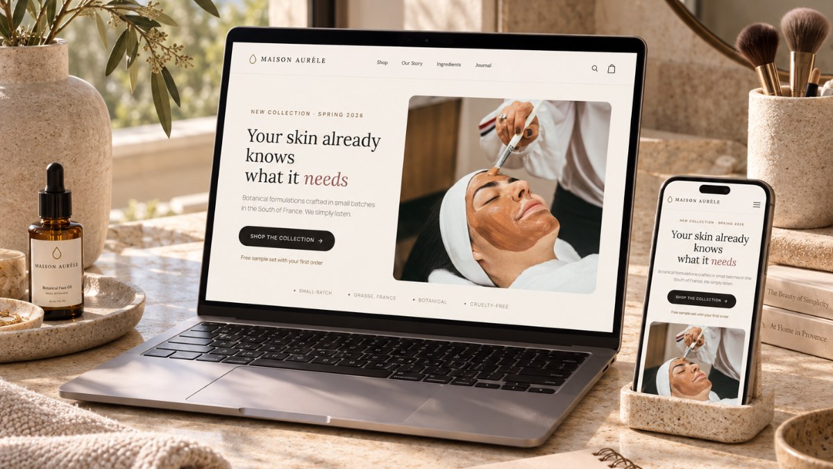 Maison Aurèle's homepage on a laptop and a phone on a vanity