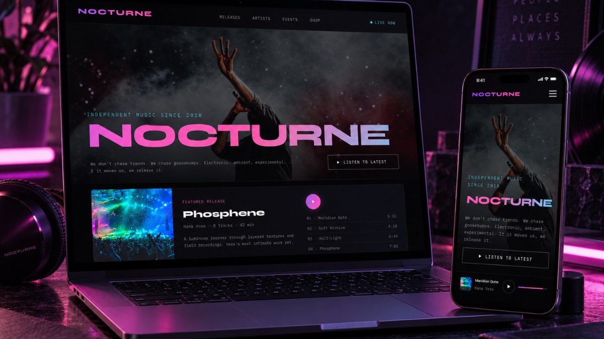 Nocturne's homepage on a laptop and a phone under purple light