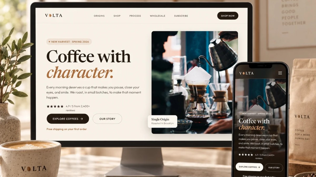 Volta homepage on a desktop monitor and a phone